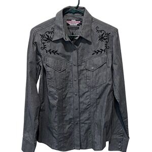 Brooks‎ & Dunn Panhandle Slim Gray Embroidered Western Shirt Womens Medium